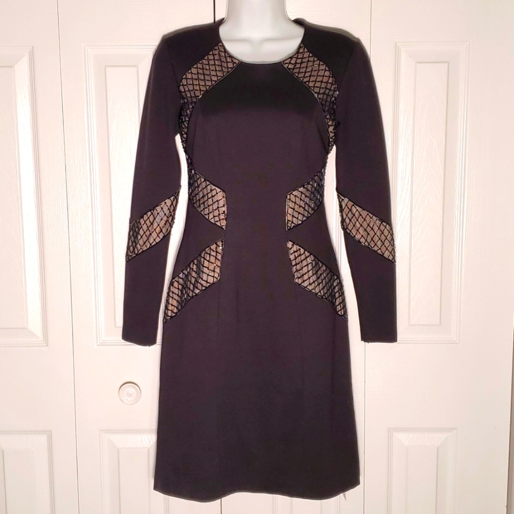 ML Monique Lhuillier | Black Crepe Long-Sleeve Dress Sz 4